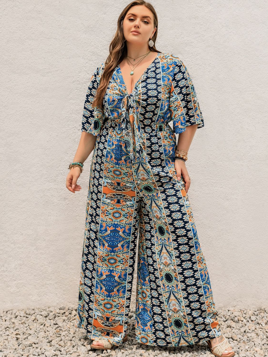 Plus Size Printed Half Sleeve Wide Leg Jumpsuit  Trendsi Peacock  Blue 0XL 