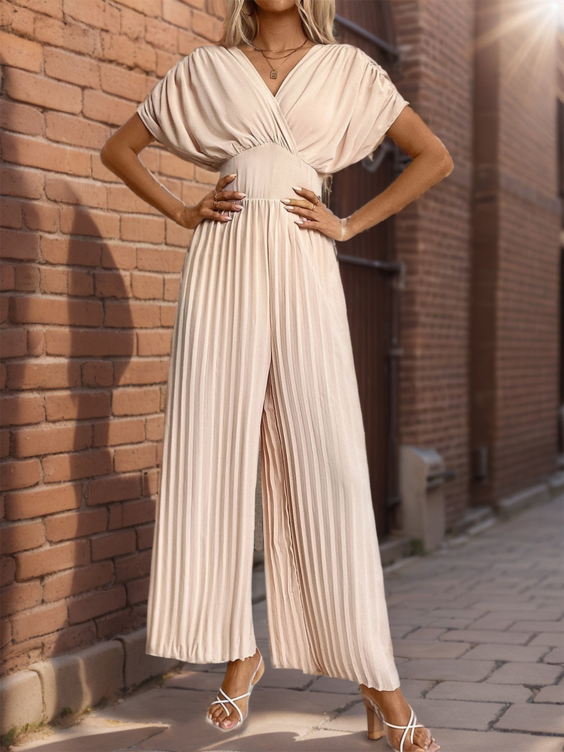 Perfee Pleated Short Sleeve Wide Leg Jumpsuit  Trendsi Apricot S 