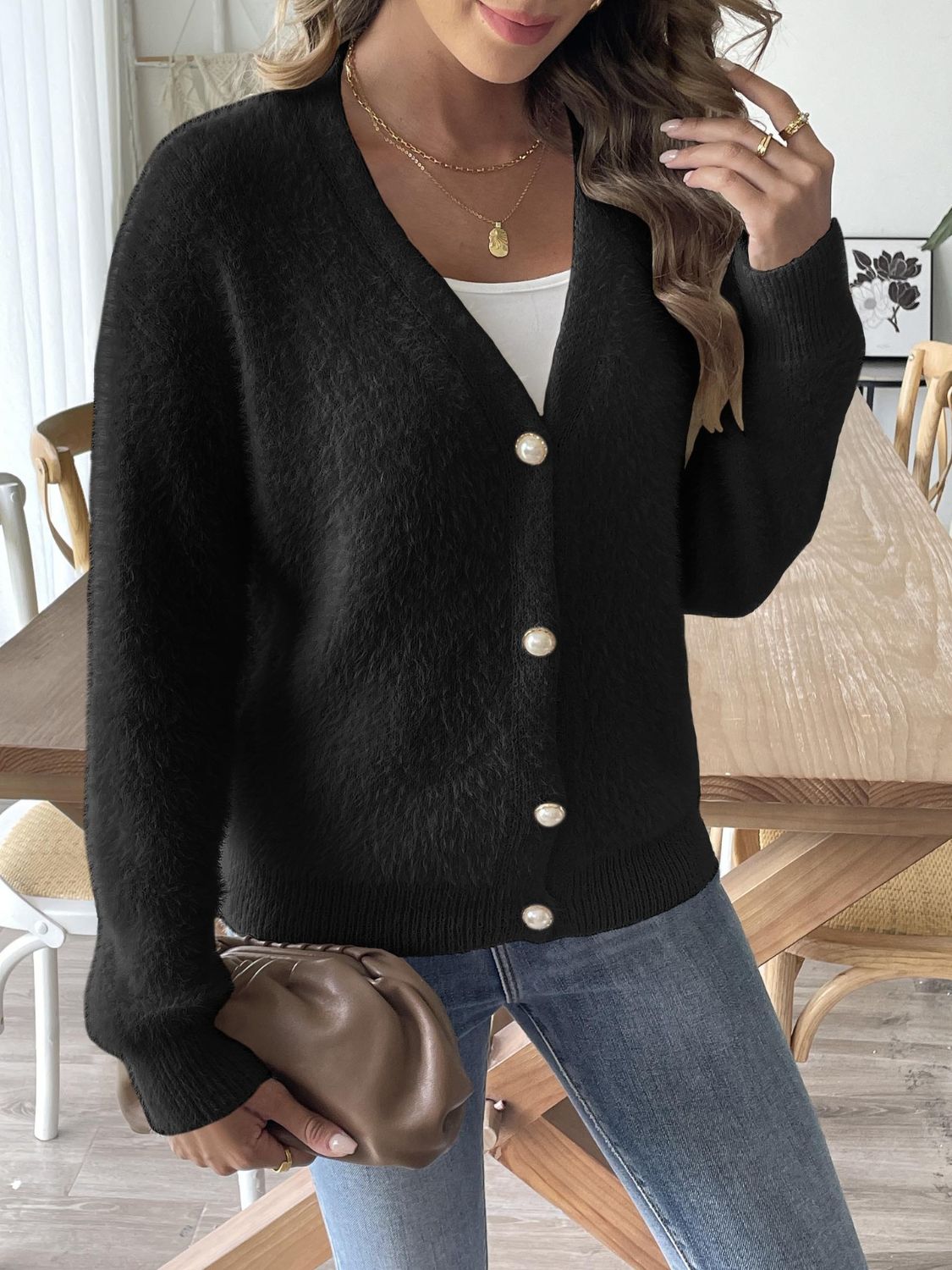 Button Up V-Neck Long Sleeve Cardigan  Trendsi   