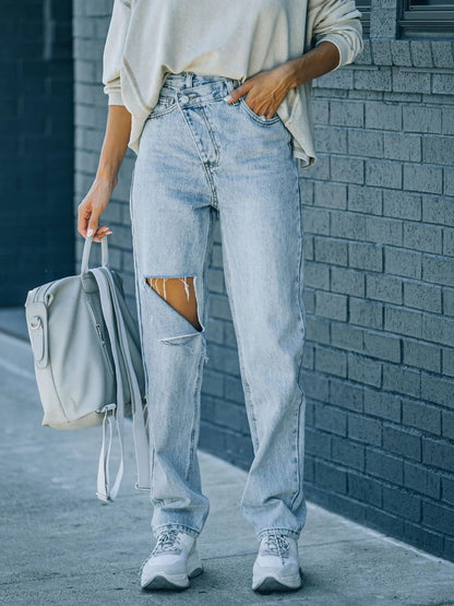 Distressed Asymmetric Waist Jeans  Trendsi Light S 