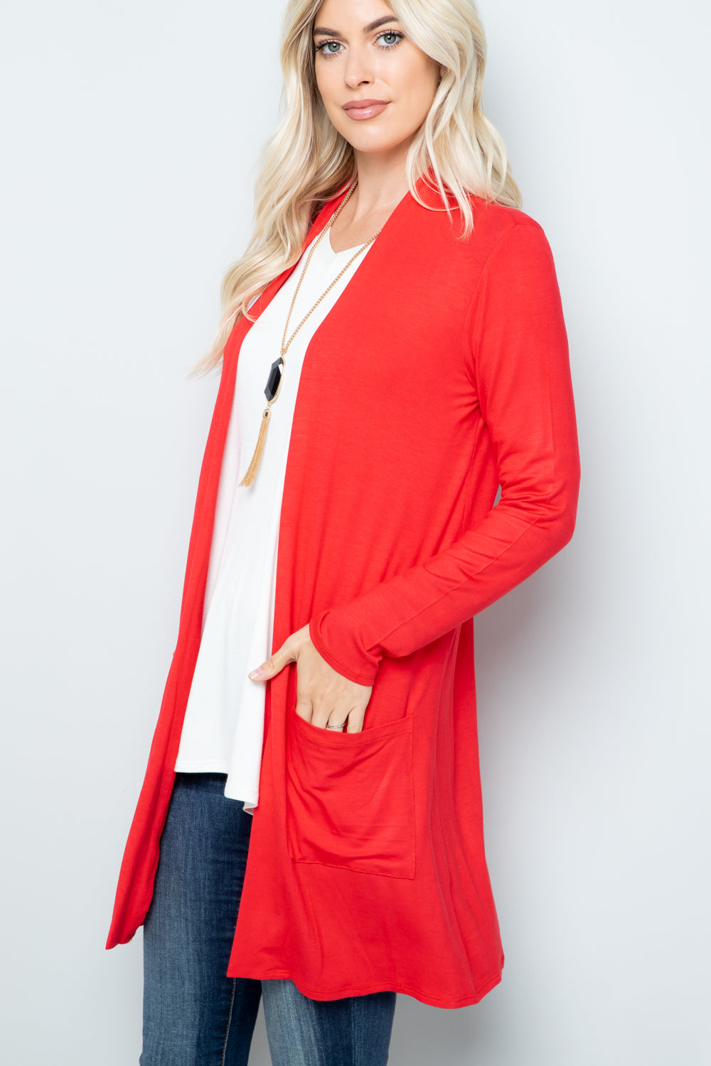 Celeste Full Size Open Front Cardigan with Pockets  Trendsi Lt Coral S 