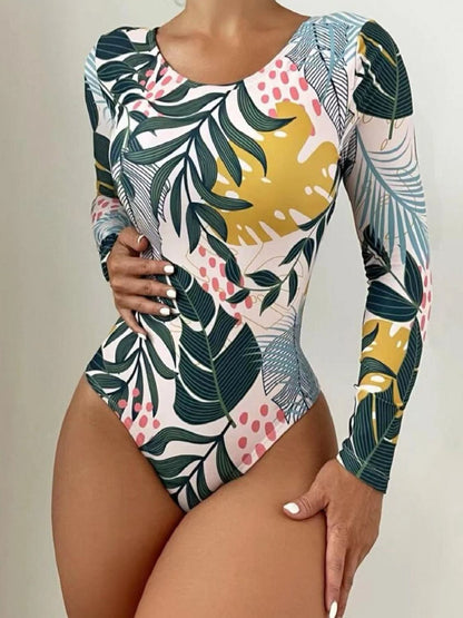 Crisscross Round Neck Long Sleeve Swimwear