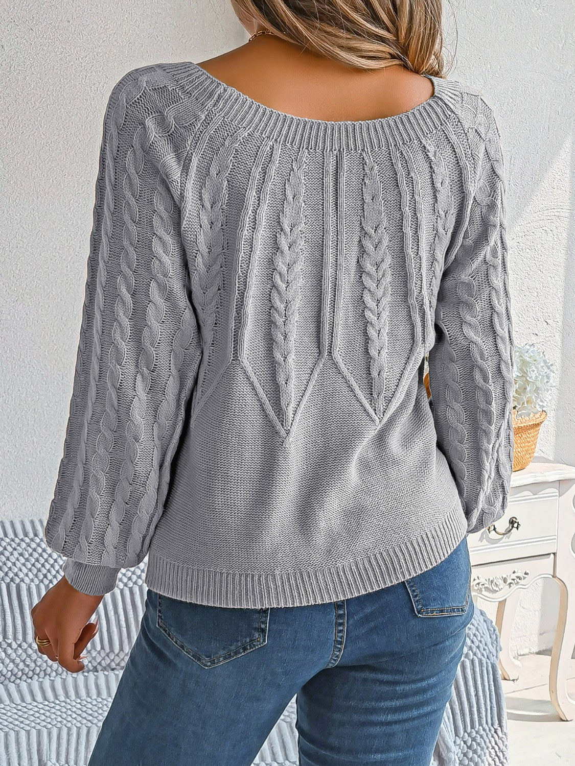 Cable-Knit Round Neck Long Sleeve Sweater  Trendsi   