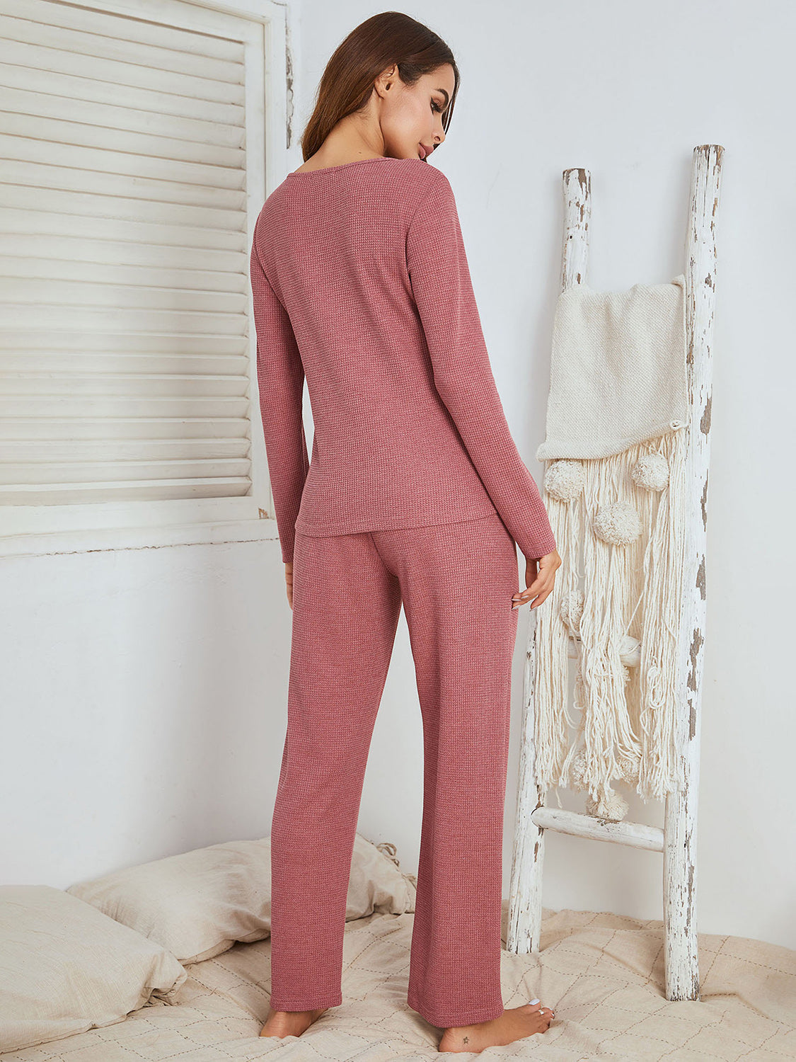 Notched Long Sleeve Top and Pants Set  Trendsi   