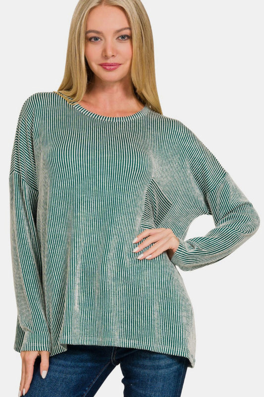 Zenana Ribbed Striped Long Sleeve T-Shirt  Trendsi DK Green S/M 