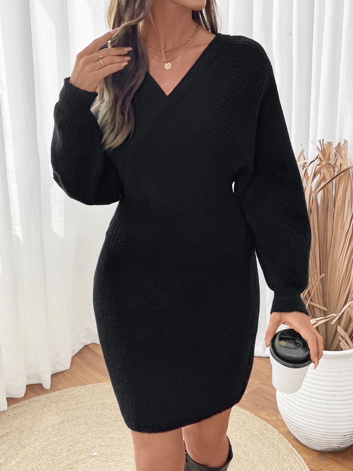 Perfee Surplice Long Sleeve Sweater Dress  Trendsi   