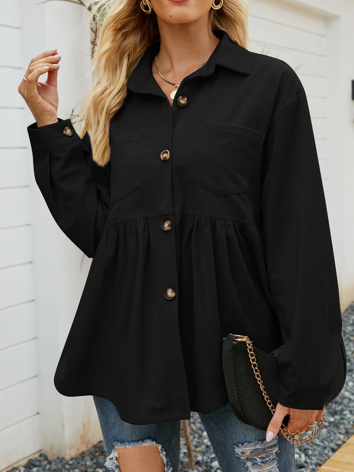 Mandy Button Up Long Sleeve Shirt  Trendsi Black S 