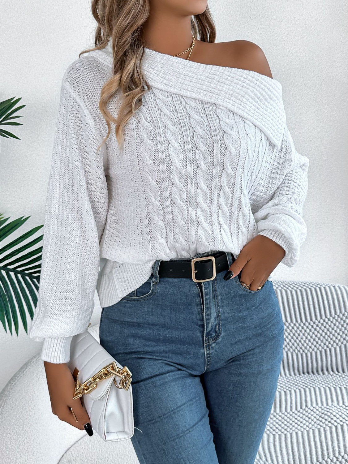 Cable-Knit One Shoulder Long Sleeve Sweater  Trendsi   