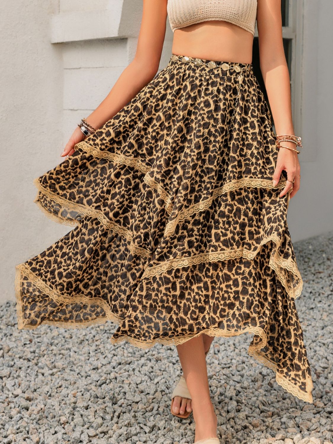 Lace Detail Layered Printed Skirt  Trendsi Leopard S 