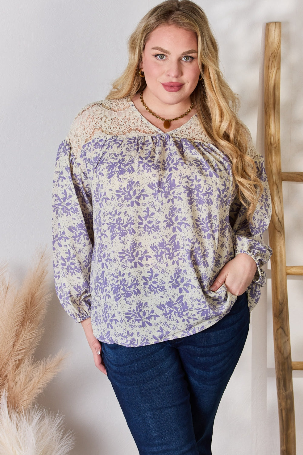 Hailey & Co Full Size Lace Detail Printed Blouse  Trendsi   