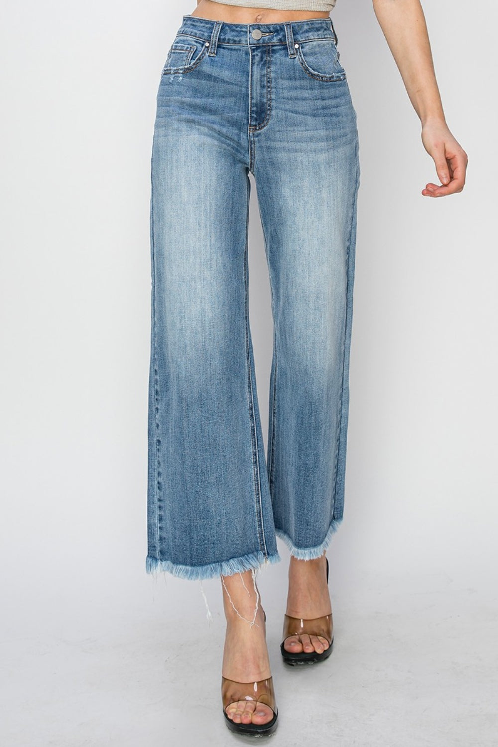 RISEN Raw Hem Cropped Wide Leg Jeans  Trendsi   