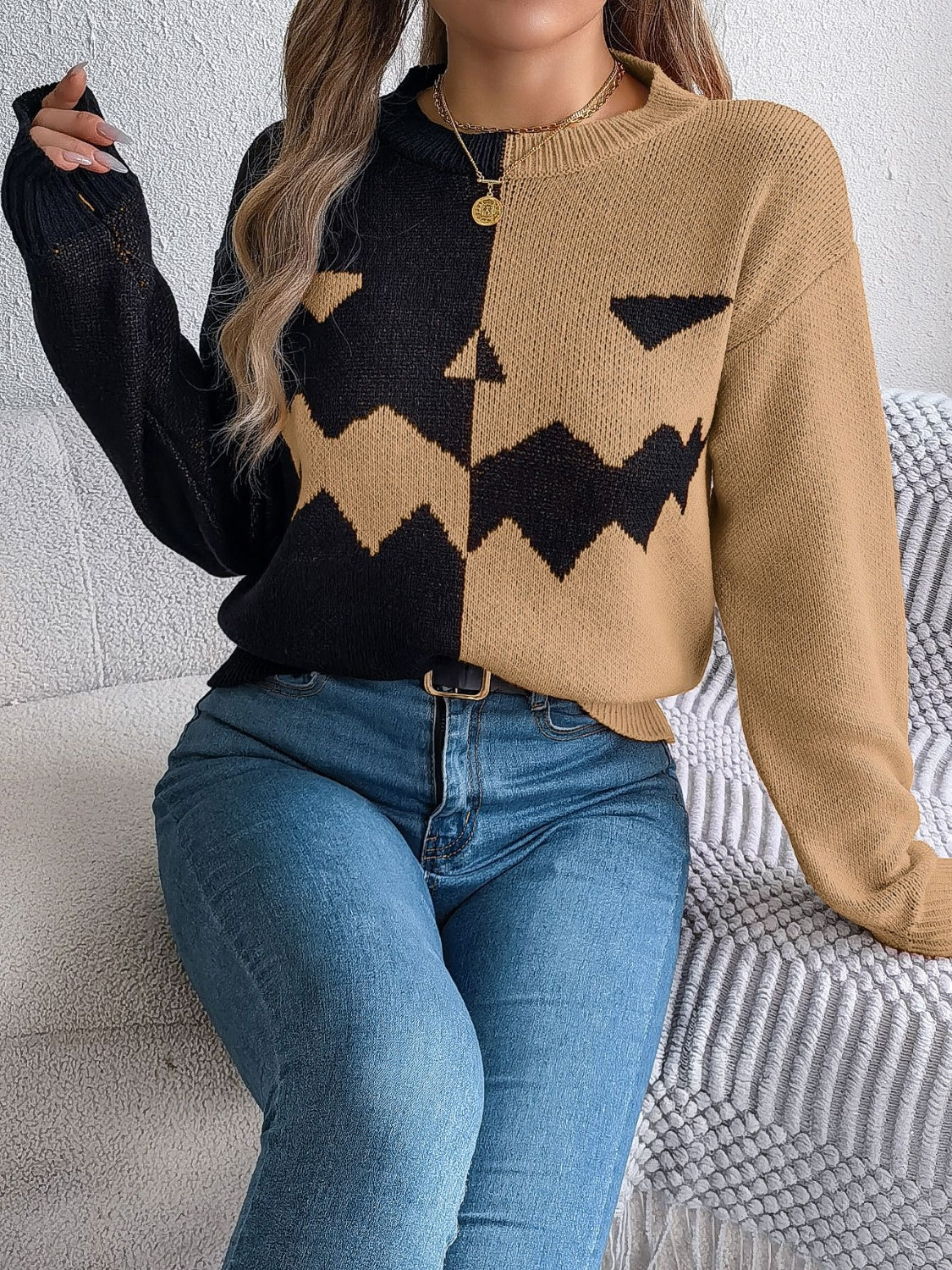 Contrast Round Neck Long Sleeve Sweater  Trendsi   