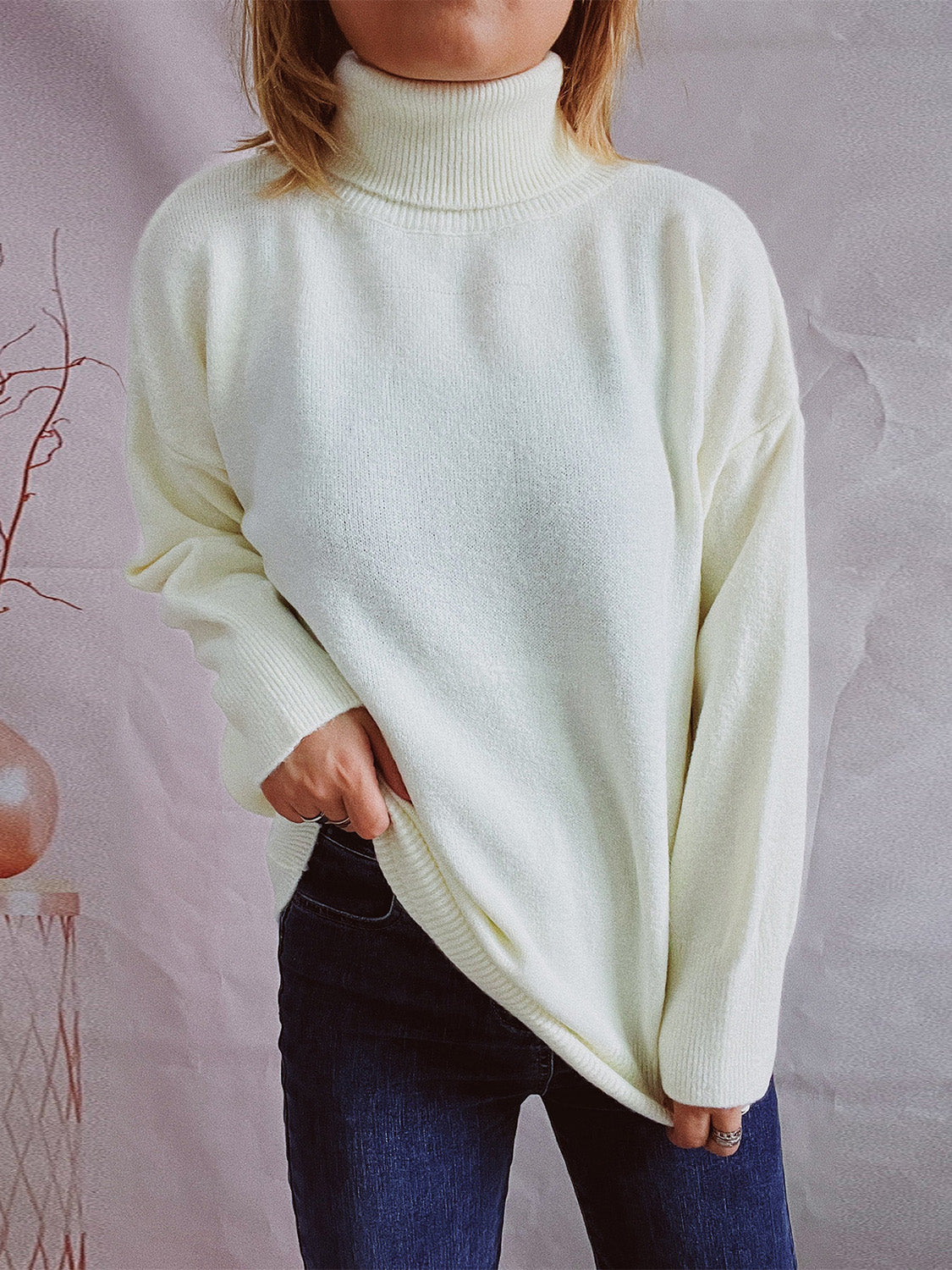 Turtleneck Long Sleeve Sweater  Trendsi White One Size 