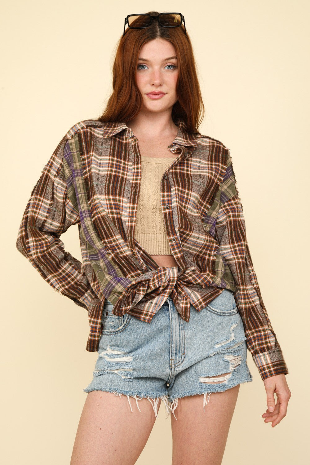 VERY J Contrast Plaid Raw Detail Shirt  Trendsi   