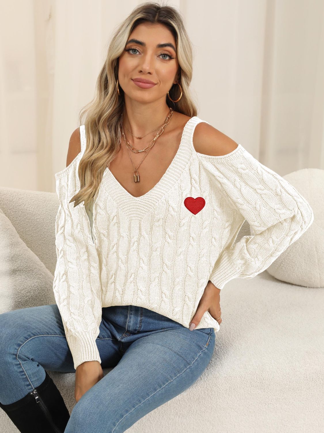 Cable-Knit Heart V-Neck Sweater  Trendsi White S 