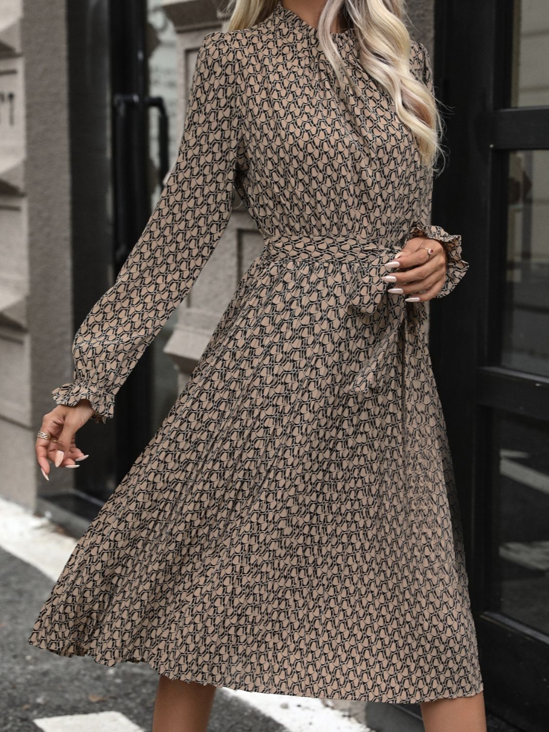 Perfee Printed Mock Neck Flounce Sleeve Dress Dress Trendsi   