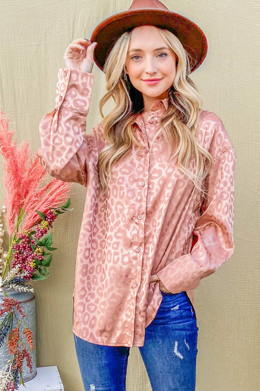 And The Why Satin Leopard Button Up Curved Hem Shirt Luxe Trendsi Rosegold S 