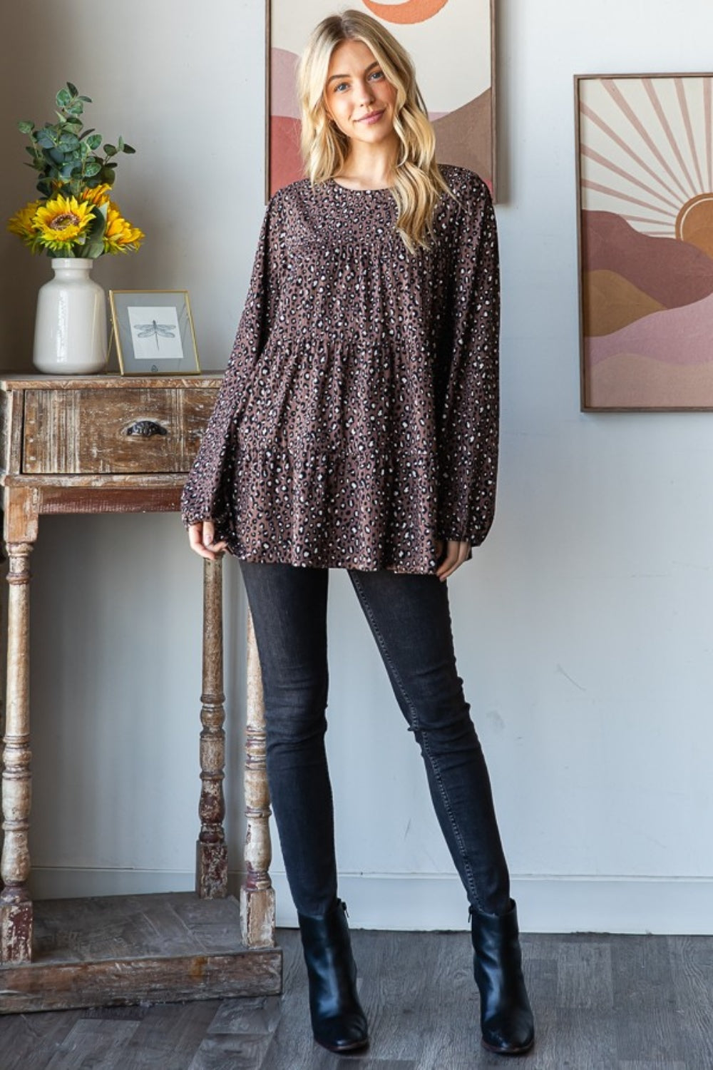 Heimish Leopard  Long Sleeve Tiered Blouse  Trendsi   