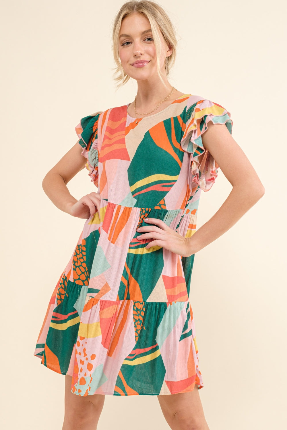 And The Why Printed Double Ruffle Sleeve Dress  Trendsi   