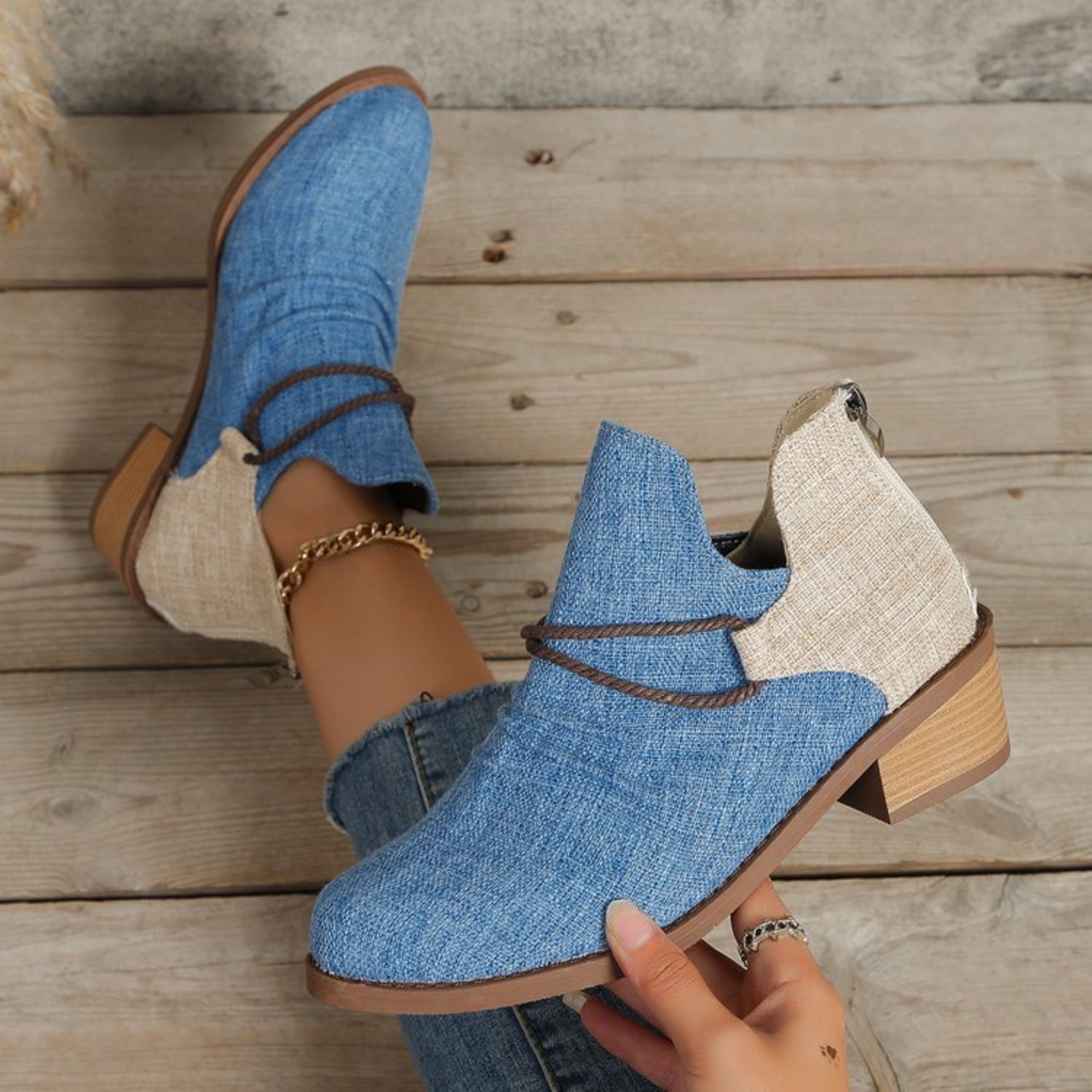 Contrast Canvas Low Heel Boots  Trendsi   