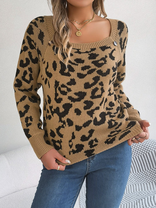 Leopard Buttoned Square Neck Sweater  Trendsi Khaki S 