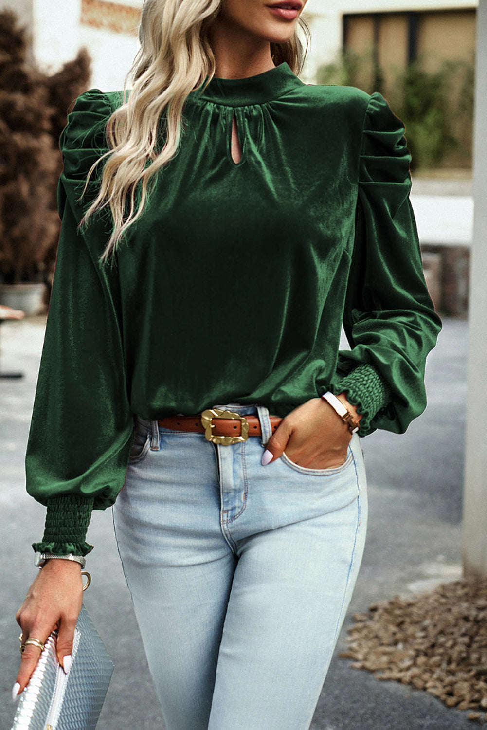 Tie Up Mock Neck Velvet Fabric Long Sleeve Blouse Blouse Trendsi   