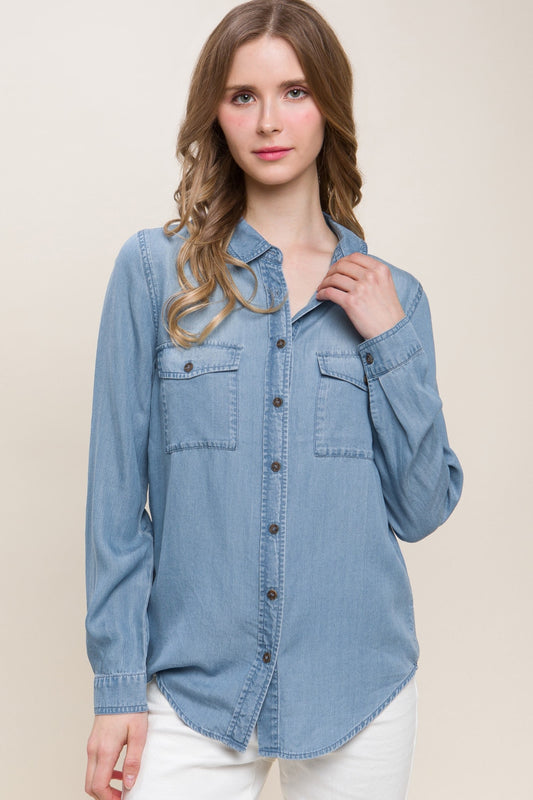 Love Tree Scooped Hem Button Up Denim Shirt  Trendsi Blue S 