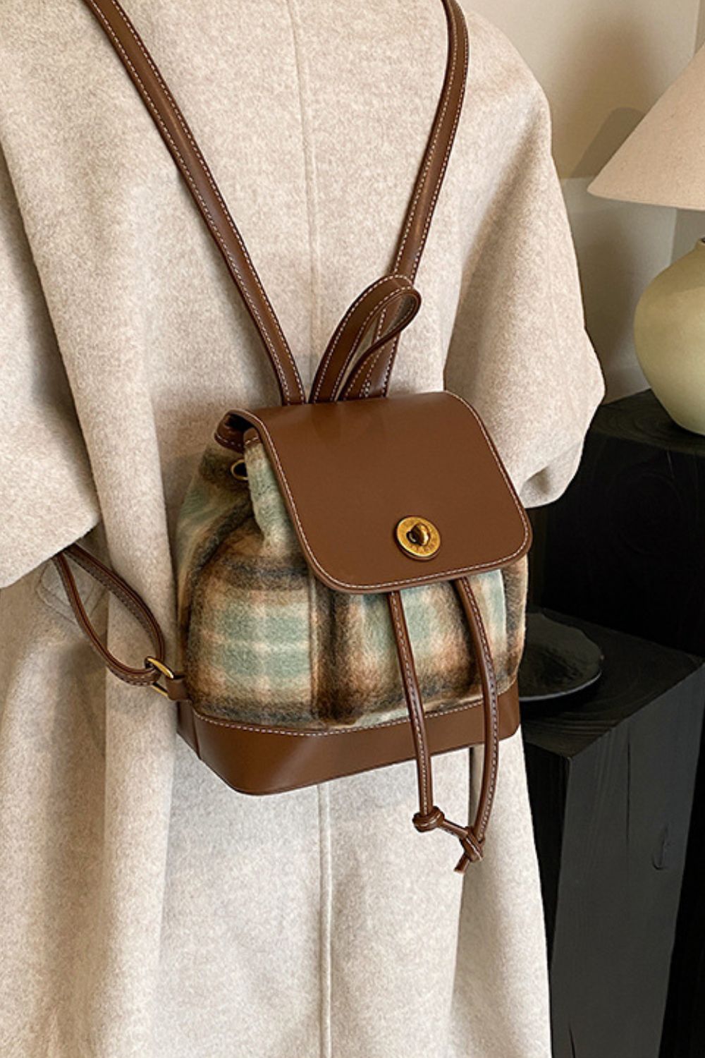 PU Leather Drawstring Plaid Backpack Bag  Trendsi   