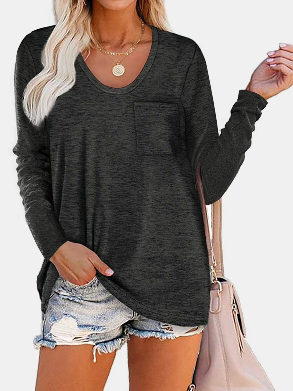 Round Neck Long Sleeve T-Shirt T-Shirt Trendsi Dark Gray S 