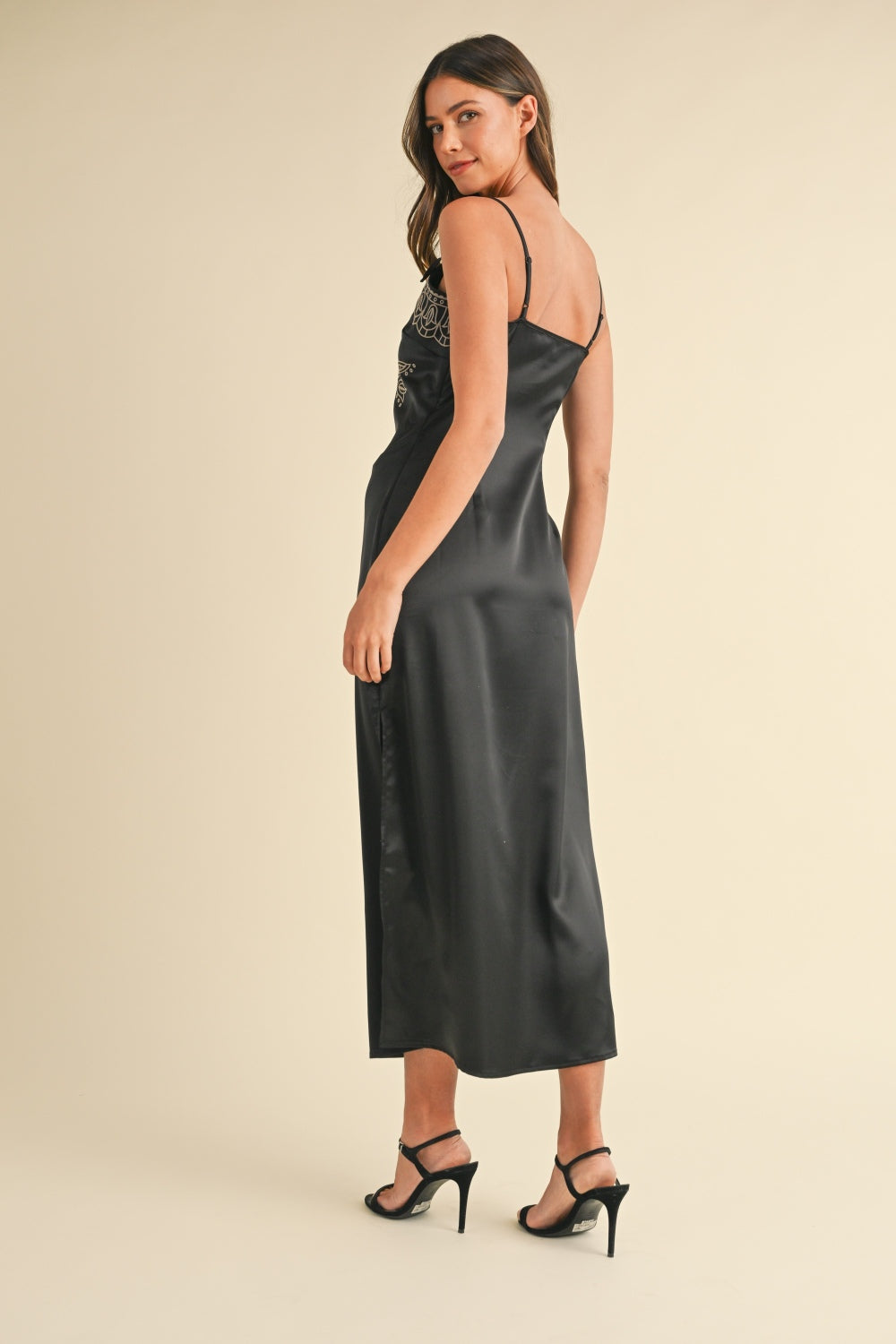 Mable Embroidered Cami Satin Midi Slit Dress Dress Trendsi   