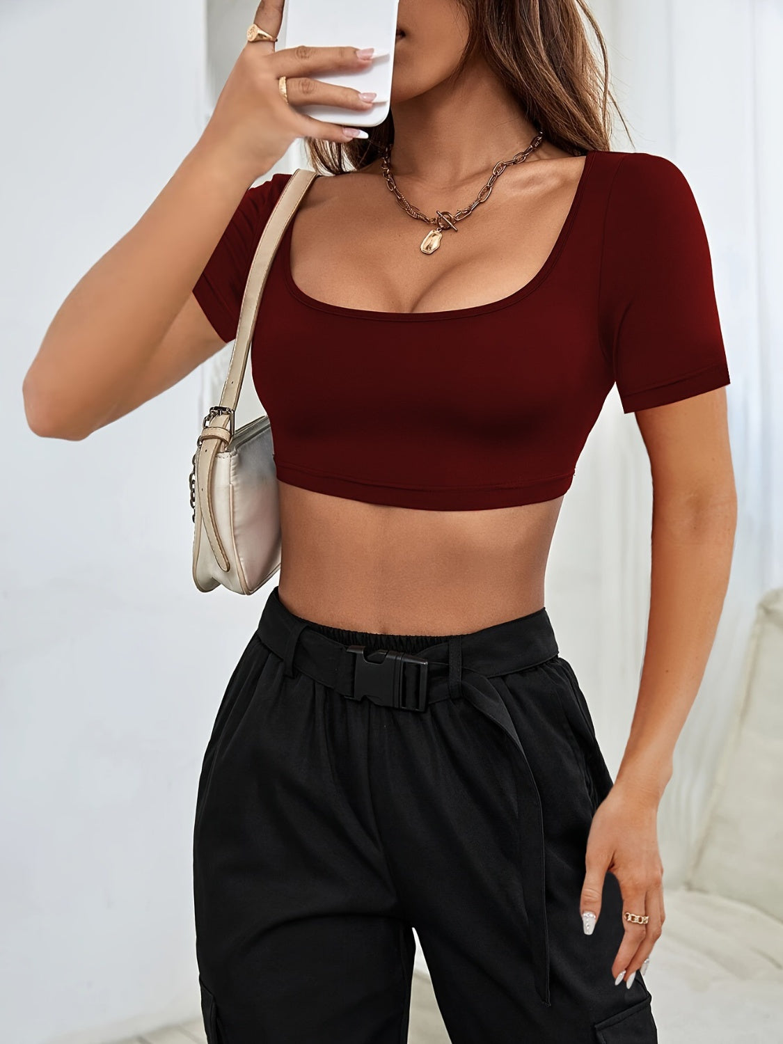 Square Neck Short Sleeve T-Shirt T-Shirt Trendsi Wine XS 