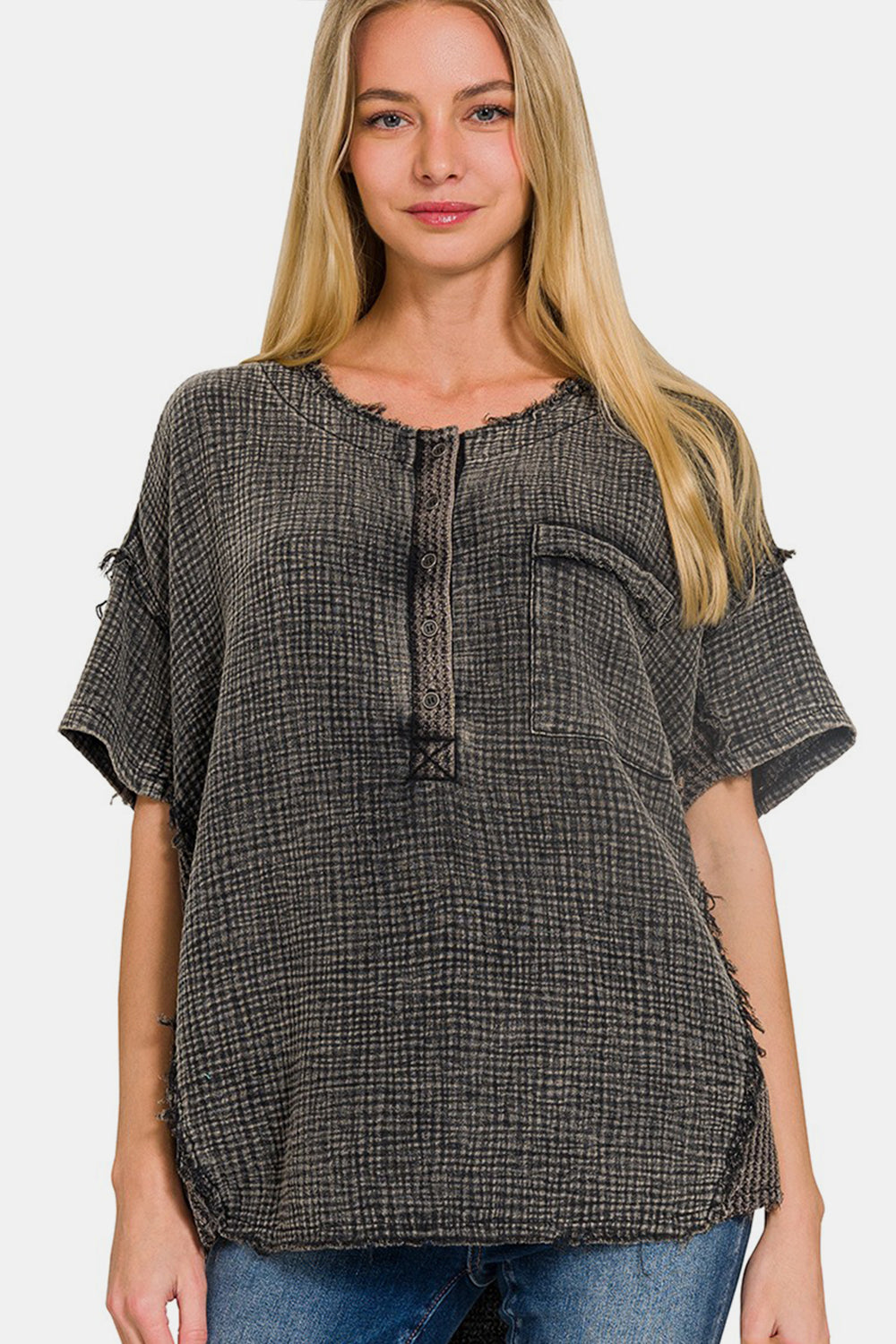 Zenana Washed Texture Half Button T-Shirt  Trendsi   