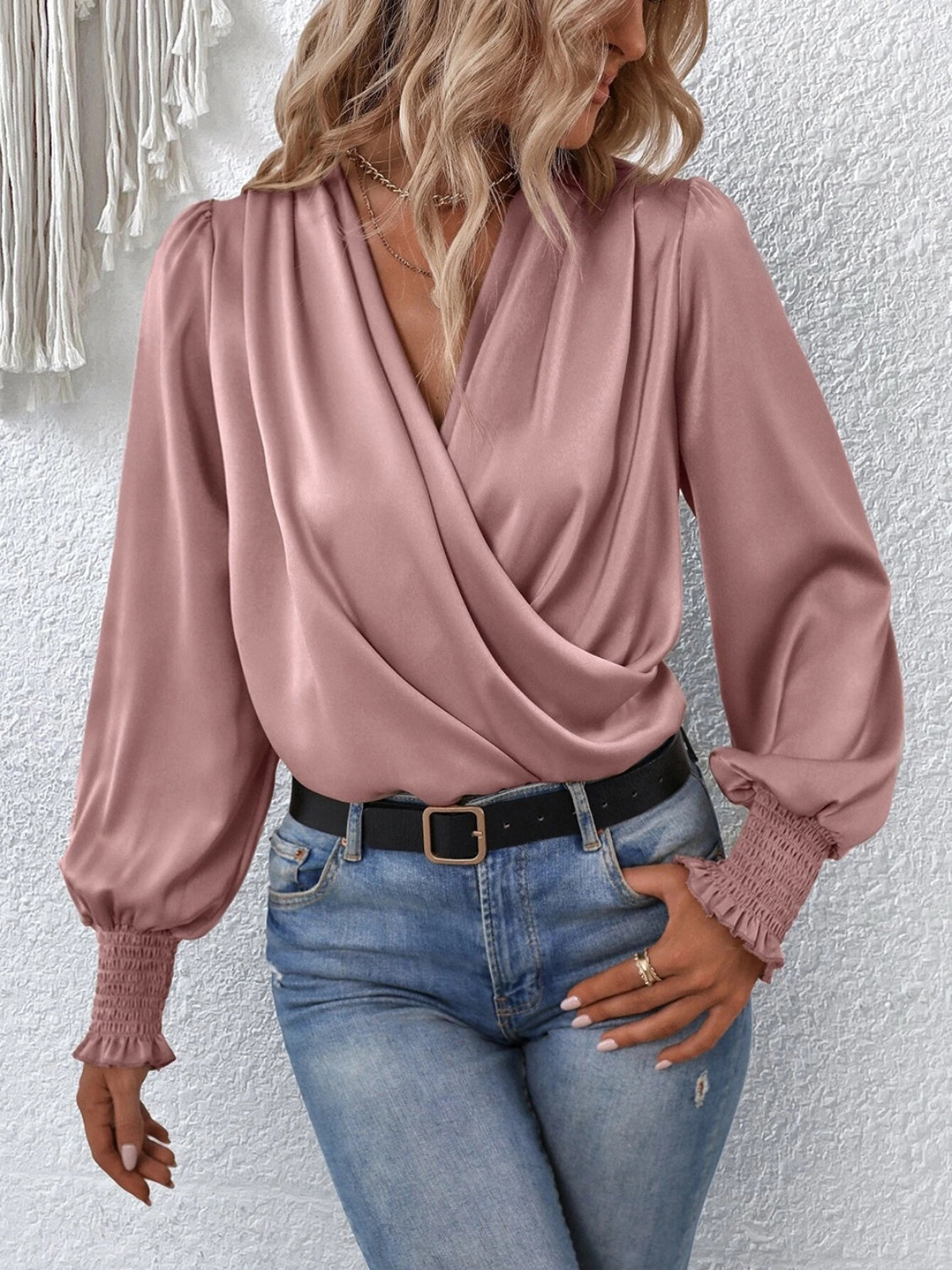 Surplice Smocked Lantern Sleeve Blouse Blouse Trendsi   