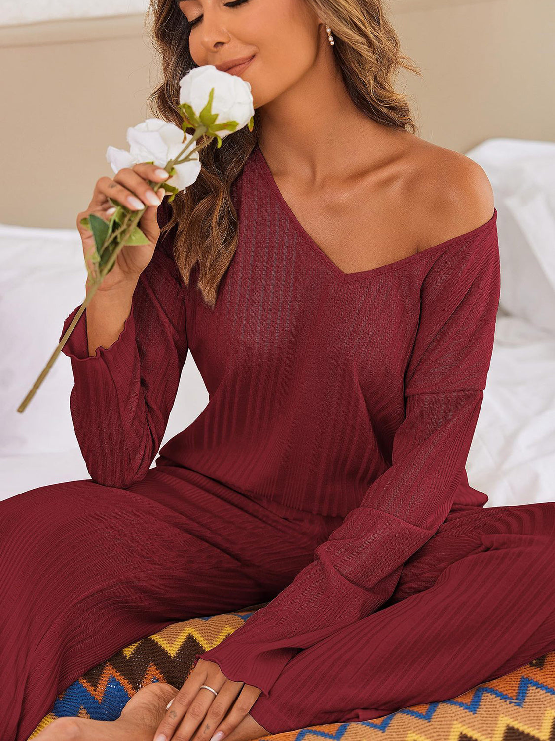 V-Neck Long Sleeve Top and Pants Set  Trendsi   