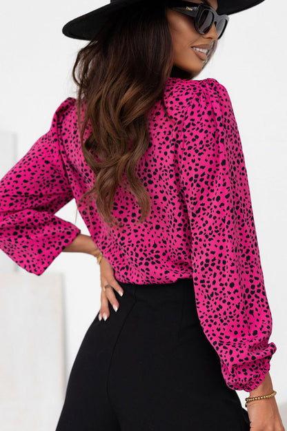 Leopard Round Neck Balloon Sleeve Blouse Blouse Trendsi   