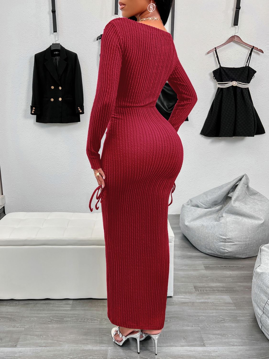 Drawstring Textured Long Sleeve Wrap Dress  Trendsi   