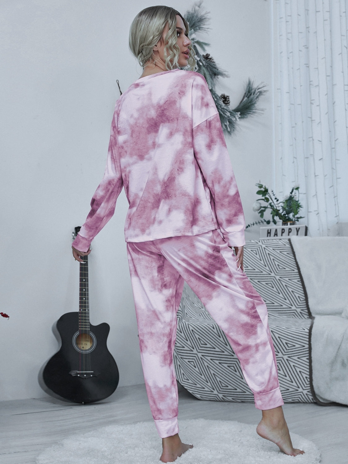 Shiny Tie-dye Round Neck Top and Drawstring Pants Lounge Set  Trendsi   