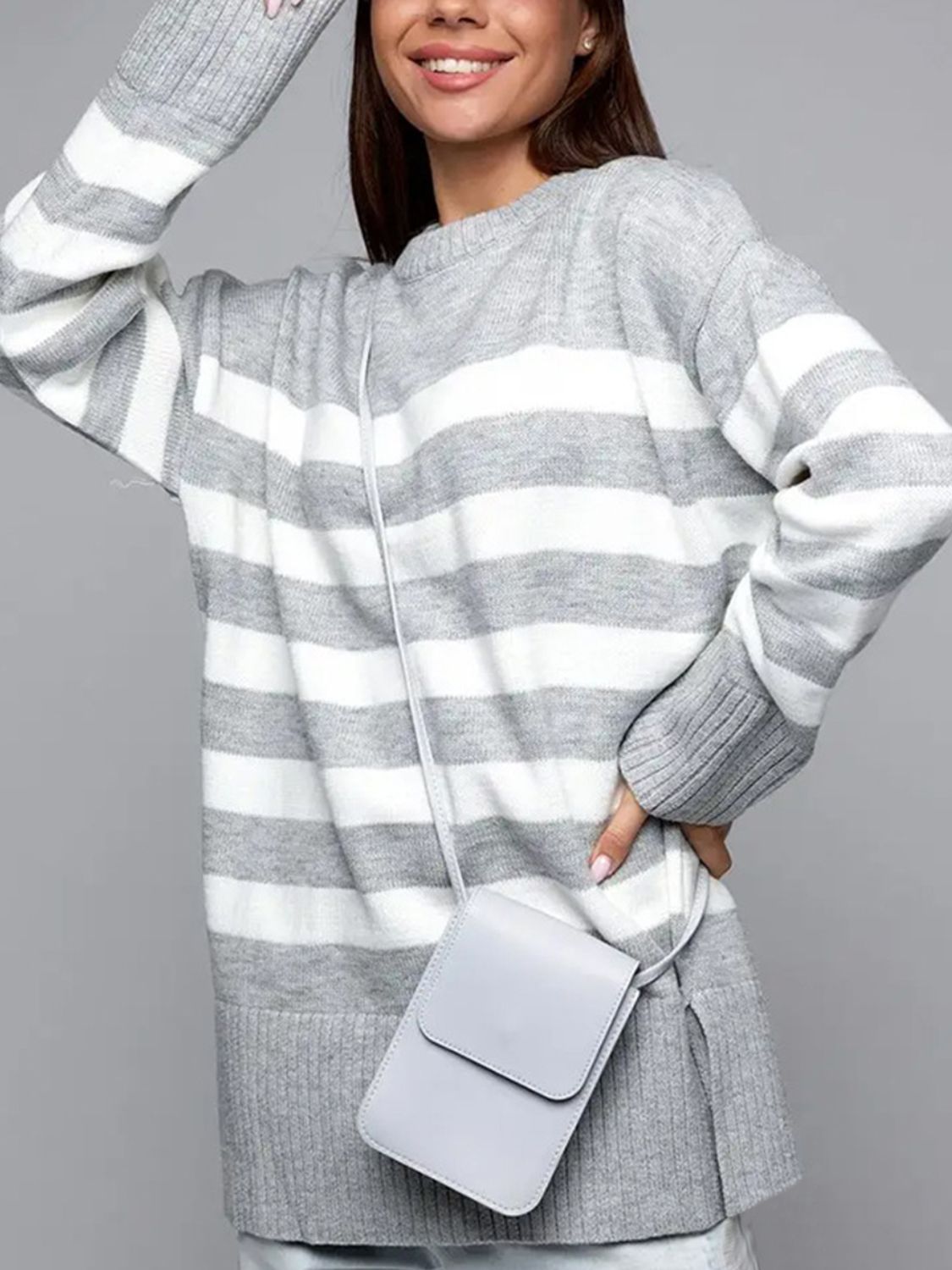 Slit Striped Round Neck Sweater  Trendsi Light Gray S 