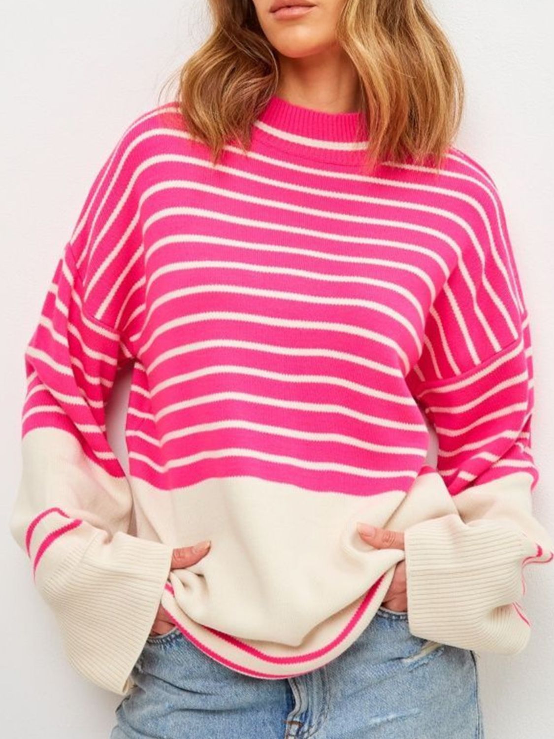 Striped Mock Neck Long Sleeve Sweater  Trendsi Deep Rose S 