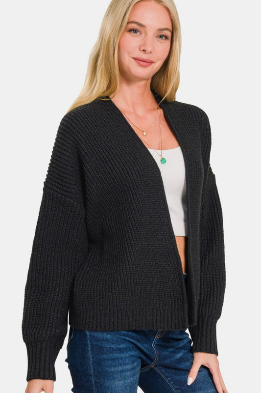 Zenana Open Front Drop Shoulder Sweater Cardigan  Trendsi Black S 