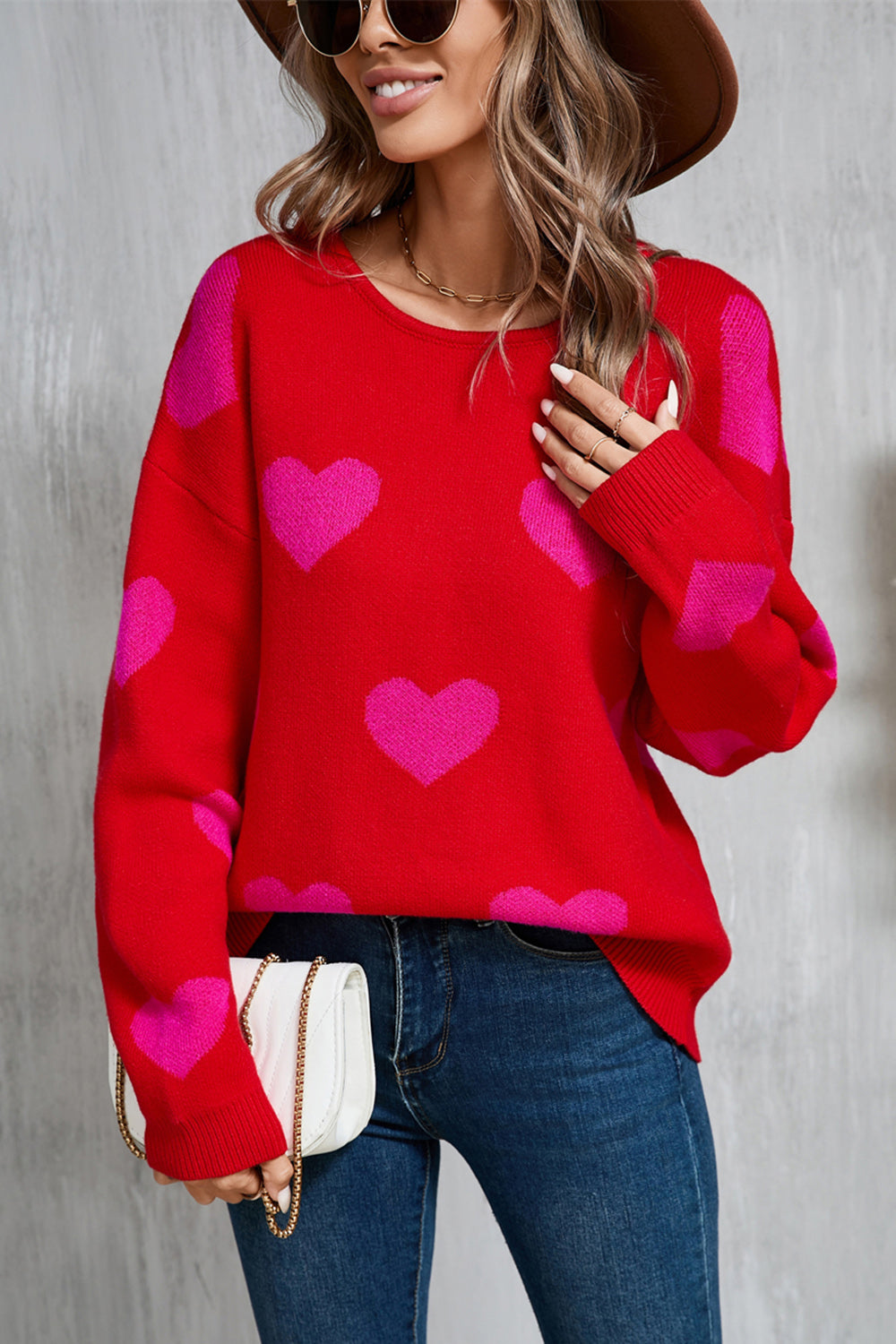 Angel Wings Heart Round Neck Dropped Shoulder Sweater  Trendsi Red S 