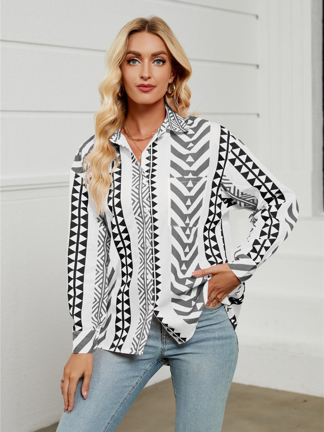 Geometric Collared Neck Long Sleeve Shirt  Trendsi   