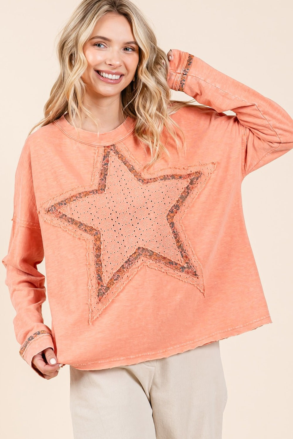 Mittoshop Mineral Wash Star Patch Long Sleeve T-Shirt  Trendsi   