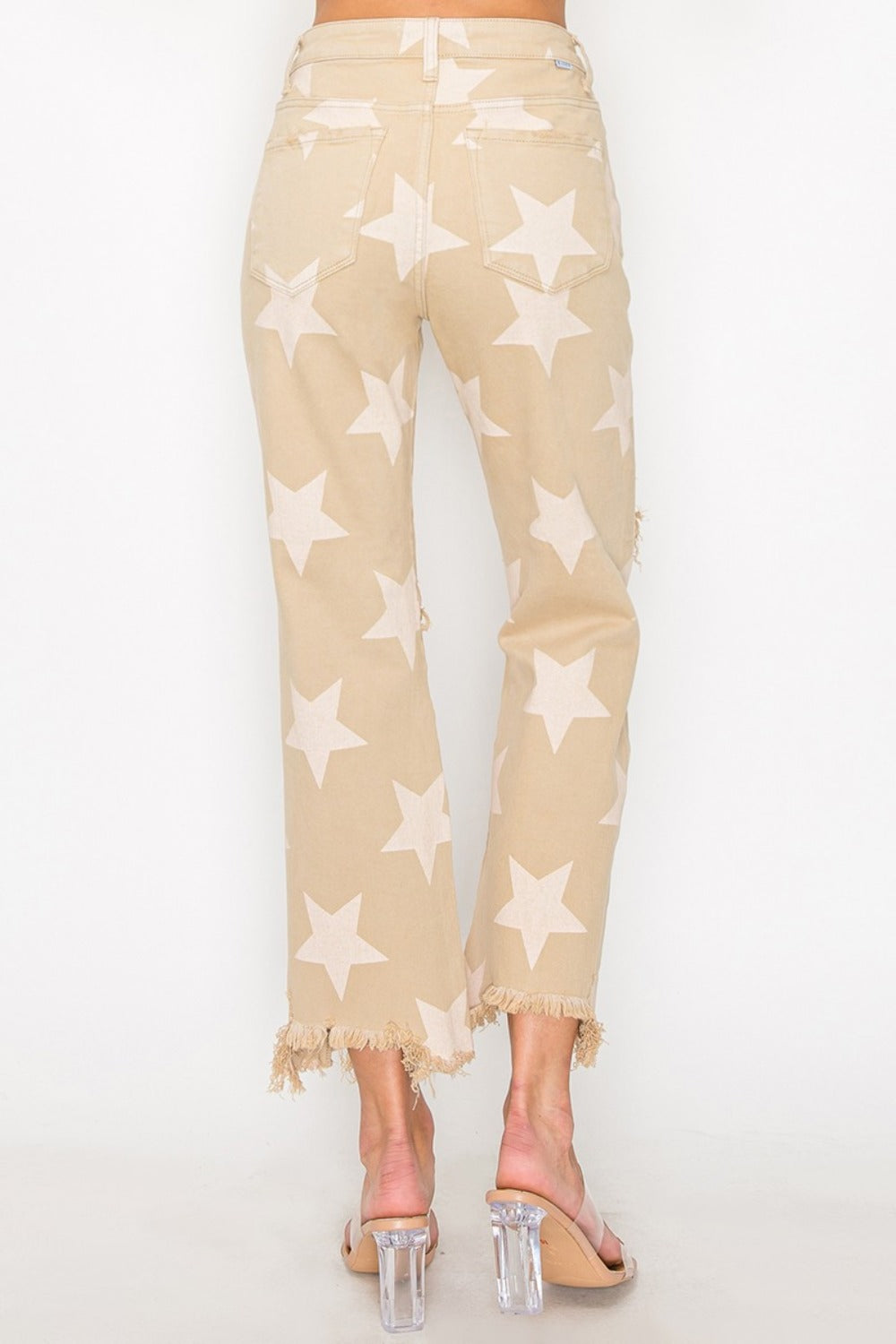 RISEN Full Size High Rise Star Printed Frayed Hem Jeans  Trendsi   