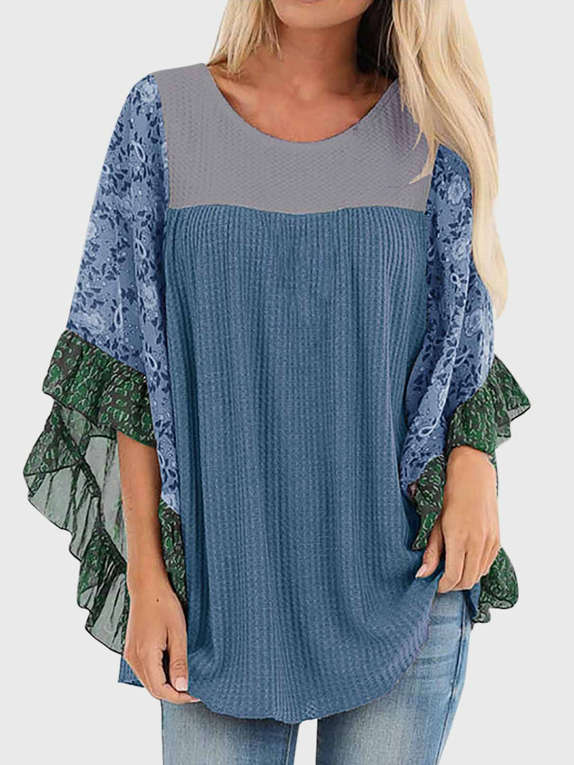 Full Size Printed Round Neck Three-Quarter Sleeve Blouse  Trendsi Dusty Blue S 