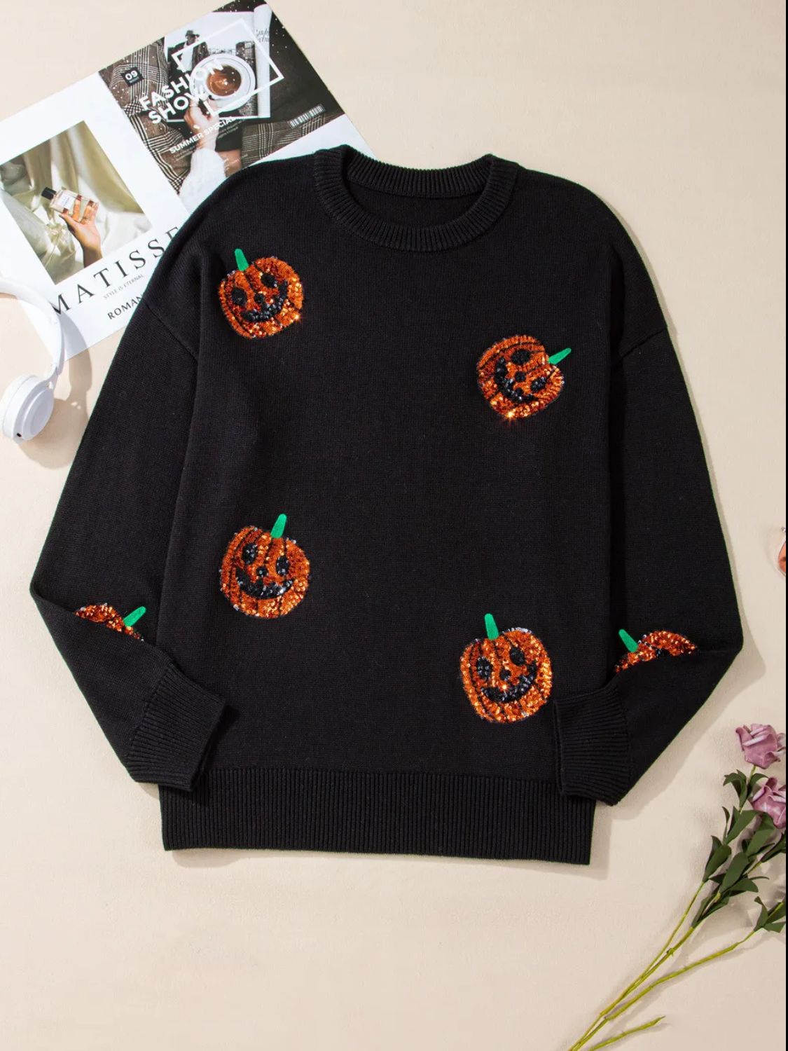 Plus Size Sequin Pumpkin Round Neck Sweater