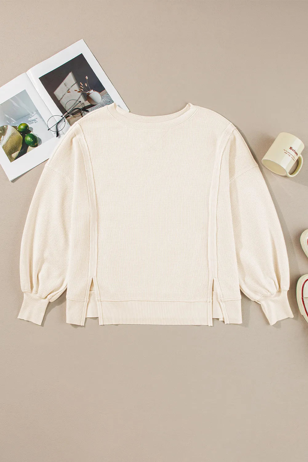 Slit Waffle-Knit Round Neck Long Sleeve Top Blouse Trendsi   