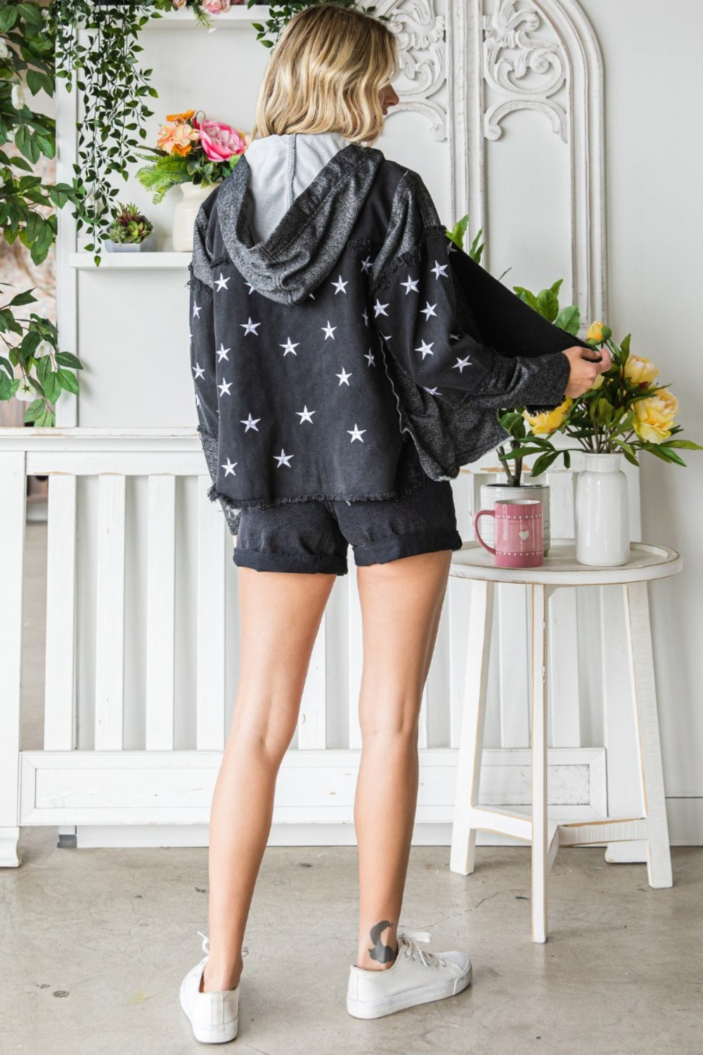 Veveret Star Embroidered Hooded Denim Jacket  Trendsi   