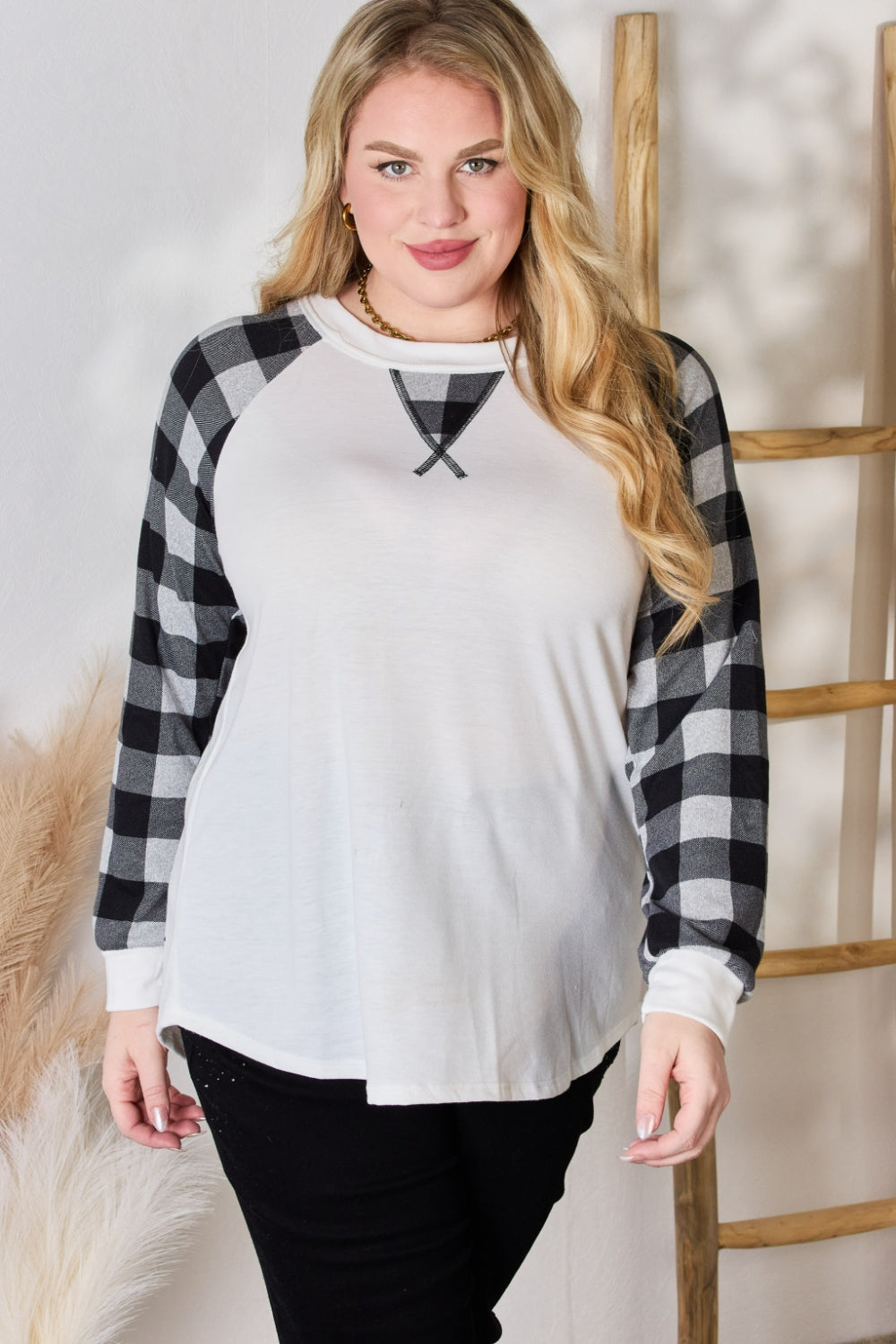 Hailey & Co Full Size Plaid Raglan Sleeve Round Neck Blouse  Trendsi   