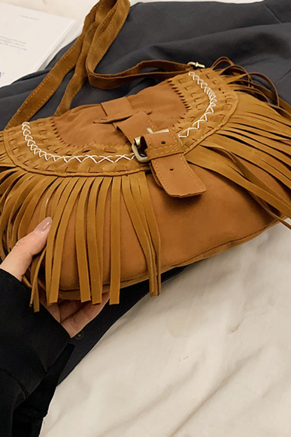 Suede Fringe Wide Strap Shoulder Bag  Trendsi   